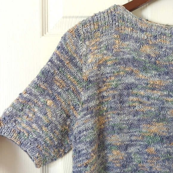 90's Vintage Handmade Marled Knit Boat Neck Short Sleeve Sweater Purple Medium - Picture 3 of 9